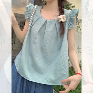 洛骄庄夏日凉感飞飞袖上衣女装不规则设计感气质纯色甜美短袖衬衫