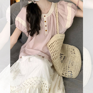洛骄庄韩系短袖圆领蕾丝拼接衬衫小个子新款泡泡袖娃娃衫衬衣女装
