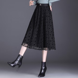 大码显瘦高级感蕾丝网纱半身裙女秋季中长款中年女士a字裙子纱裙