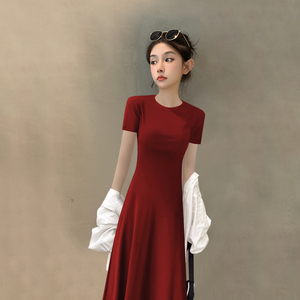2024新款夏季橘红色短袖连衣裙女长裙针织螺纹高级感法式气质裙子