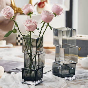 轻奢创意异形错位方块花瓶玻璃透明水培鲜花插花客厅餐桌装饰摆件
