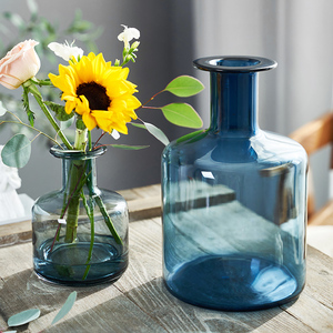 美式轻奢北欧玻璃花瓶高级蓝小口单只插花瓶创意客厅餐桌装饰摆件