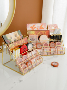 金边玻璃粉饼收纳盒眼影盘展示架化妆品腮红口红梳妆台桌面整理盒