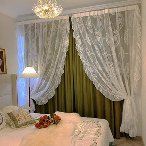 法式蕾丝窗帘纱帘轻奢洛可可遮光阳台飘窗客厅绿色公主卧室丝绒布