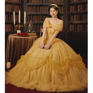 晚礼服2024新款黄色一字肩生日成人礼贝儿公主裙影楼高级质感婚纱