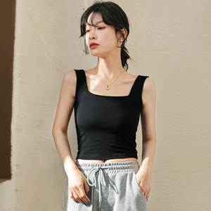 黑色方领小吊带背心内衣女内搭带胸垫一体夏季纯棉美背打底上衣潮