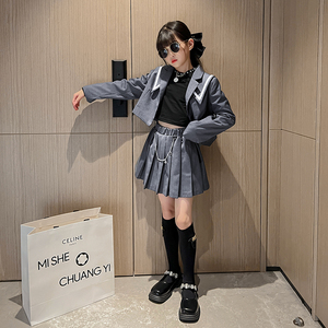 女童套装秋季jk制服裙子小女孩学院风御姐范两件套小学生百褶裙子
