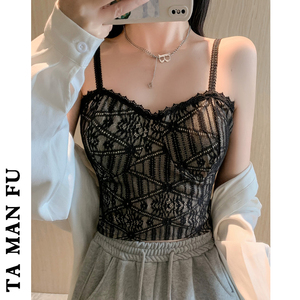 黑色蕾丝边小吊带背心女内搭性感美背一体抹胸内衣纯欲打底上衣夏