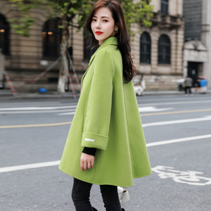 韩版秋冬新款大码斗篷显瘦荧光绿双面呢羊绒大衣女宽松羊毛呢外套