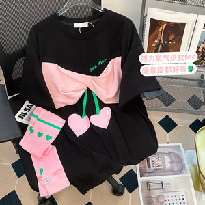 黑色樱桃印花短袖T恤女国潮创意小众设计感立体蝴蝶结袖套上衣潮