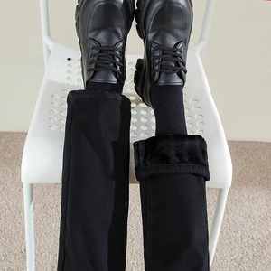 黑色加绒裤女冬季裤子显瘦女裤牛仔裤加厚窄版直筒裤高腰烟管裤