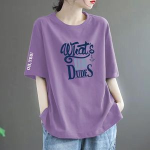 紫色纯棉短袖T恤女夏季新款宽松大码欧货大牌体恤衫休闲减龄上衣