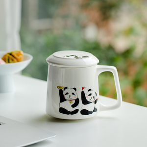 拓土纯手绘熊猫泡茶杯女士创意可爱动物图案喝水杯家用陶瓷办公杯