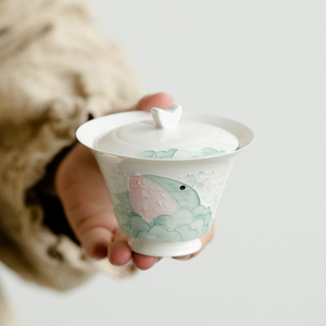 拓土纯手绘堆雕小鲸鱼盖碗茶杯家用单个茶碗泡茶碗带盖碗功夫茶具