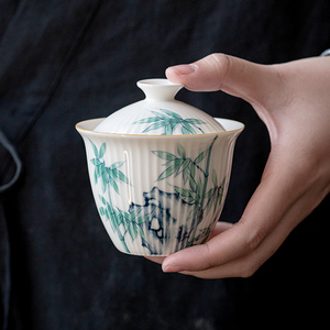 手工棱线手绘盖碗茶杯单个陶瓷功夫茶具盖杯泡茶杯家用茶碗带盖