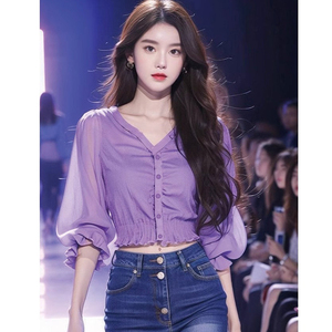法式V领紫色衬衫女2024早春新款今年流行的漂亮小衫别致独特上衣