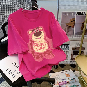 日系玫红色草莓熊oversize短袖T恤女夏季2023新款圆领宽松上衣服