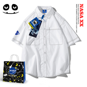 太空熊猫联名nasa夏季衬衫短袖t恤男纯色情侣潮宽松半袖开衫上衣