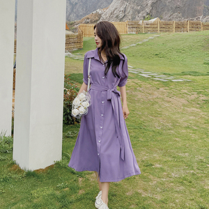 香芋紫连衣裙女夏季长款黄黑皮显白高腰收腰显瘦A字上班衬衫裙