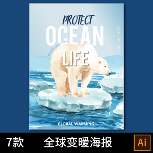 1814国外全球变暖环保公益北极熊企鹅冰川融化海报矢量设计素材