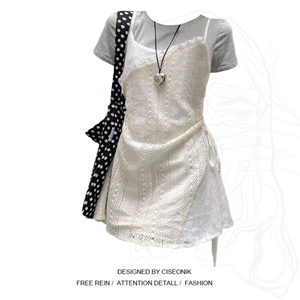 大码胖mm法式叠穿外搭白色蕾丝吊带短裙子+灰色基础款T恤两件套装