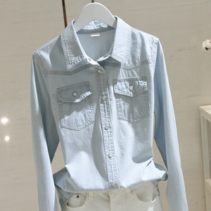 韩国复古浅蓝色牛仔衬衫女2024年春秋季新款设计感长袖衬衣薄外套