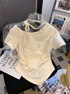 法式粉色蝴蝶结短袖针织衫女2024夏季新款不规则绑带设计感小上衣