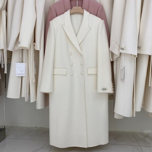 韩国珍珠扣双面羊绒大衣女中长款2023秋冬新款白色羊毛西装领外套