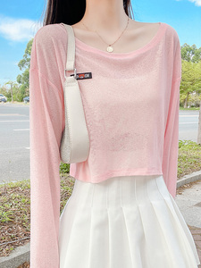 防晒内搭打底衫长袖t恤女夏薄宽松冰丝面膜罩衫粉色外搭短款上衣