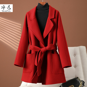 红色双面羊绒大衣女短款2023年新款高端秋冬季小个子加厚毛呢外套