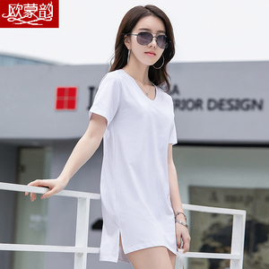 夏季女短袖T桖V领韩版中长款纯色打底衫棉质体恤裙下身消失踪上衣