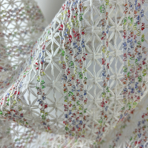 棉麻创意民族风竖条纹蕾丝网眼布料 镂空透视网布设计师网纱面料