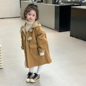 韩版童装男女童秋冬装款格子羊角扣毛呢大衣洋气中长款时尚感外套
