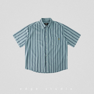 edge studio 边缘工作室 短袖宽松竖条纹纯棉夏季新款衬衫男装潮