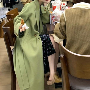 2021年冬季新款韩版宽松非双面羊绒大衣中长款牛油果绿毛呢外套女