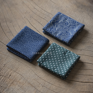 日式复古纯手工刺子绣三折小茶巾棉麻禅意茶杯垫壶垫功夫茶道零配