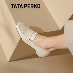 TATA PERKO联名法式米白色穆勒鞋粗跟乐福鞋女单鞋真皮方头小皮鞋