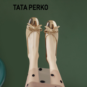 TATA PERKO联名真皮金色蝴蝶结方头单鞋平底瓢鞋女款奶奶鞋小香风