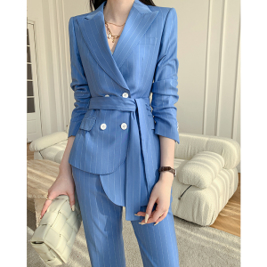 高级感蓝色条纹西装外套女韩系女神范减龄炸街大牌职业西服套装春