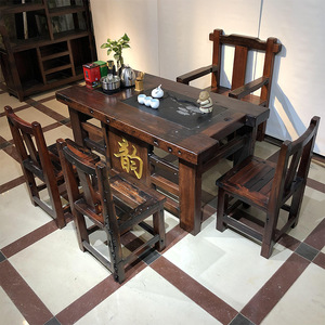 老船长木方形茶几实木茶艺桌复古新中式喝茶桌挡板雕字整套桌椅台