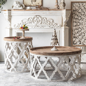 魔艺饰家美式复古镂空实木茶几民宿白色简约法式小圆桌子