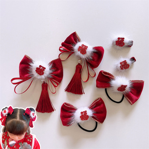 红色福字女孩发夹儿童唐装汉服古装春节过年头饰宝宝周岁百天发卡