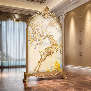 金鹿招财欧式屏风装饰高档客厅玄关遮挡书房走廊过道实木雕花座屏