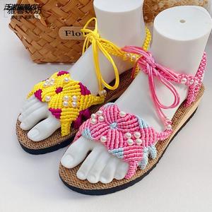 雅馨绣坊浪漫水仙花凉鞋亚麻高跟底耐磨夏自制diy手工编织材料包