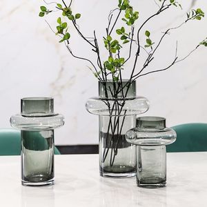 现代简约北欧灰色透明水培造型玻璃花瓶客厅餐厅插花家居装饰摆件