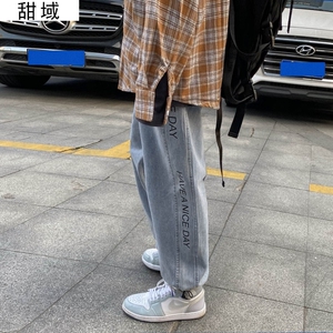 aj搭配单裤早春潮男新品宽松阔腿牛仔裤束脚九分裤印花9分裤