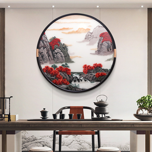 新中式圆形玄关装饰画鸿运当头刺绣挂画苏绣餐厅壁画中式客厅墙画