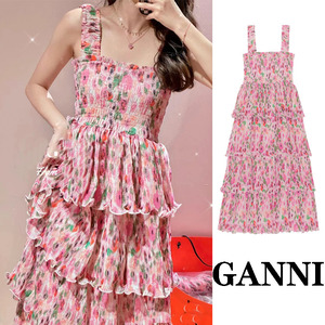 正品代购Ganni 明星同款粉色Floral花卉图案拉褶蛋糕裙吊带连衣裙