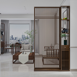 新中式原木屏风隔断客厅入户门玄关镂空花格实木栅栏餐厅酒店座屏
