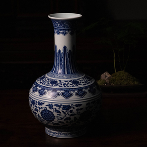 清代青花缠枝莲纹赏瓶古玩古董收藏青花瓷器艺术品真品花瓶摆件